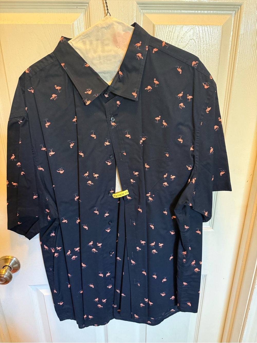 Old Navy Navy Short-Sleeve Button-Up Shirt with Pink Flamingo Print